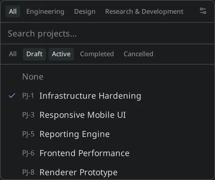 Project picker popover on a record's properties panel, with team and status filters above a list of projects and the current project checked